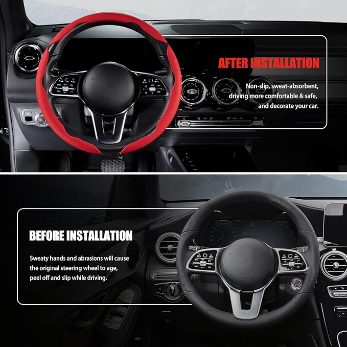 Nappa Leather Car Steering Wheel Cover for Men Women, Ultra-Thin Non-Slip Breathable Microfibre, Universal for 14.5"-15" Stee