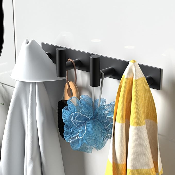 VAEHOLD 2PACK Hat and Coat Wall Mount Rack - 4 Hooks for Robes, Bags, Keys, and Towels - Bathroom Towel Hanger Organizer -Bla