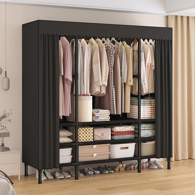 Portable Closet,Garment Rack,Heavy Duty Clothes Rack with Cover,Wardrobe Closet with 3 Hanging Rods, 9 Storage Shelves,55.1" 