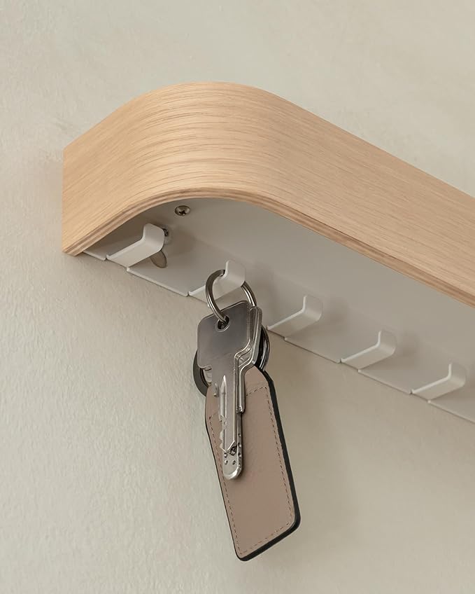 Kazai.® Key Holder 'Toke' | Minimalist Key Hook Design from Berlin | Modern Key Holder Wall Mount with Wooden Shelf | Key Rac