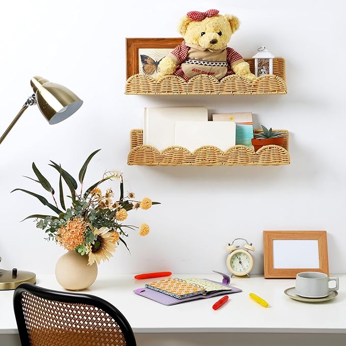 Pinkunn 4 Pcs Nursery Book Shelves 15.8 Inch Rattan Scalloped Floating Bookshelves Wicker Boho Book Shelf for Wall Mounted De