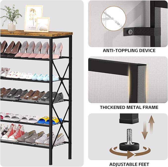 6 Tiers Metal Shoe Rack，Large Capacity Shoe Rack Holds 24 Pairs of Shoes, Durable and Stable, Adjustable Metal Shelf Stackabl