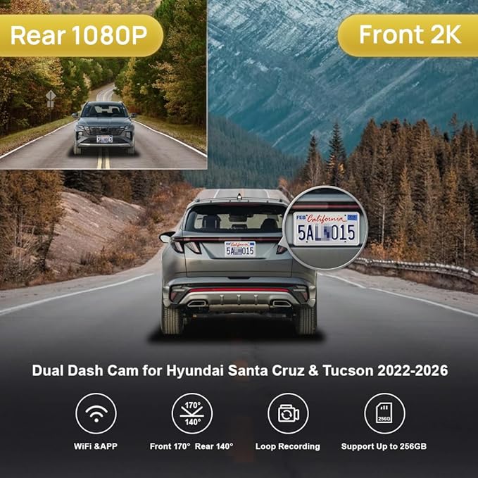 Fitcamx Front 2K+Rear 1080P Dash Cam Adapts for Hyundai Santa Cruz & Tucson 2022-2026 (Part NO#N9000), OEM Style, Dual HD Vid