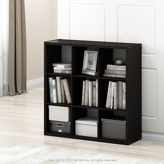 Furinno CUBICLE Book Shelf, 9-Cube Bookshelf, Extra Thick Frame Reversible Bookcase with Open Back, 14.6" x 44" x 44", for Li