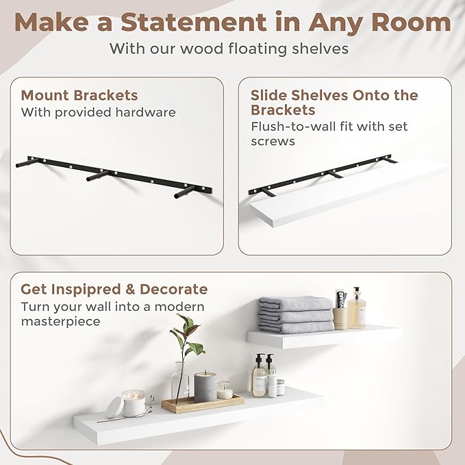 55 Inch Floating Shelves for Wall Set of 2, 8"D Wood Grain Bathroom Shelves with Invisible Brackets, Easy Install Engineered 