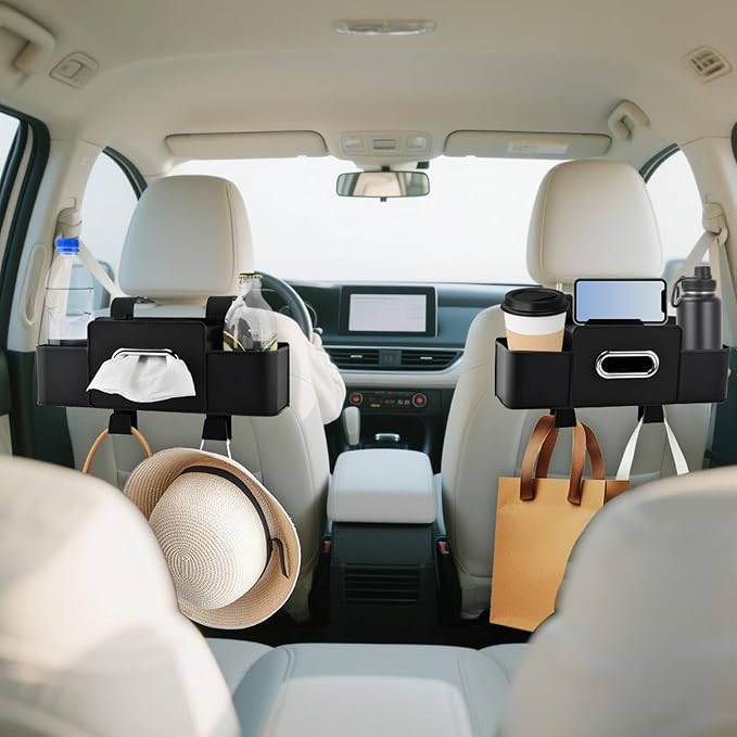 Back Seat Car Organizer, Multifunctional Car Seat Back Storage Box with Hook Tissue Box Cup Holder can Hold Phone Drinks Handbag fits Most Vehicles(COLOR:Black)