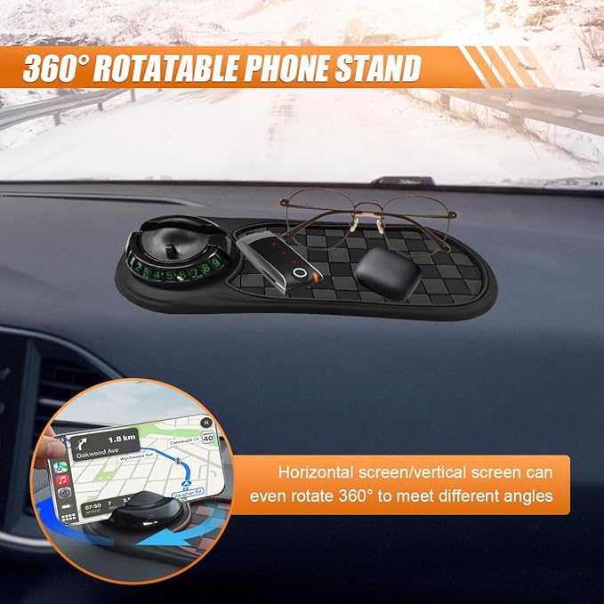 Multifunction Car Anti-Slip Mat, Universal Rotatable Auto Dashboard Phone Holder Accessory with Temporary Parking Number, Car