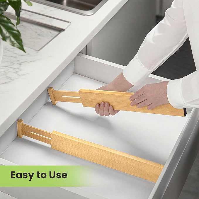 Fyvva Drawer Divider, Adjustable Bamboo Kitchen Drawer Organizer, Spring Loaded Drawer Organizer, Dresser Separators for Kitc