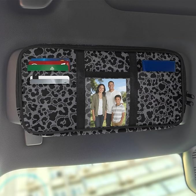 Black Leopard Print Car Sun Visor Organizer with Card Holder Sun Visor Organizer with Big Zipper Pocket Easy to Store Universal for Cars SUV
