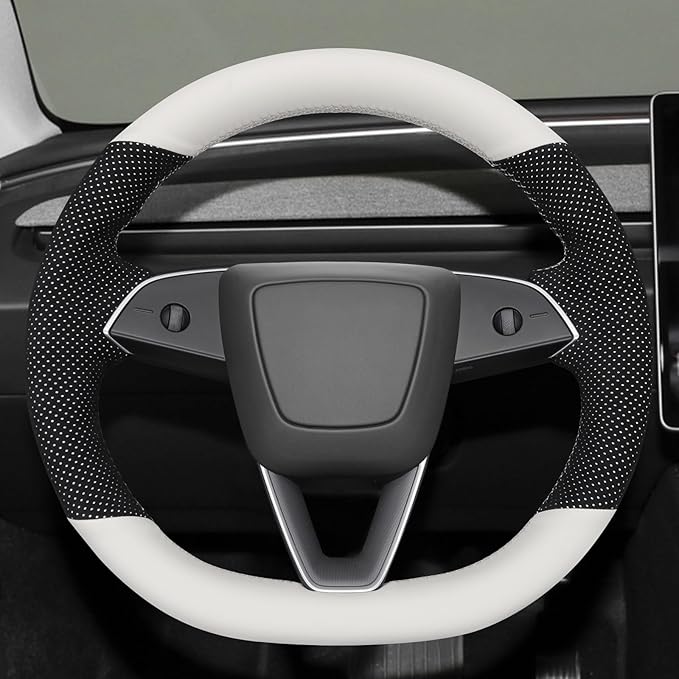 MEWANT Hand Stitched White Leather Steering Wheel Cover for Tesla Model 3 Highland 2023 2024 2025