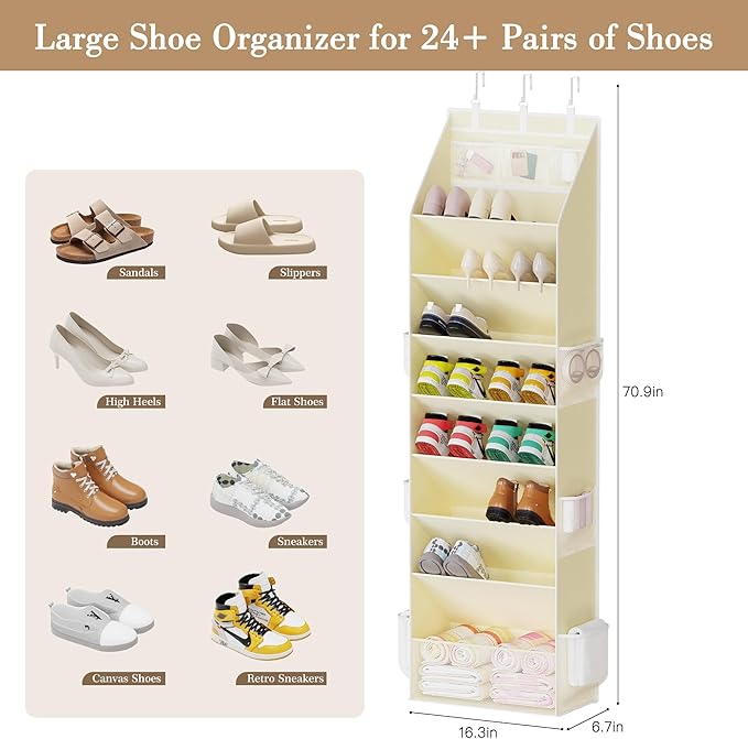 Criusia Shoe Storage, Over the Door Shoe Organizer, Hanging Closet Shoe Storage with Large Deep Pockets, Fits 16–24 Pairs of 