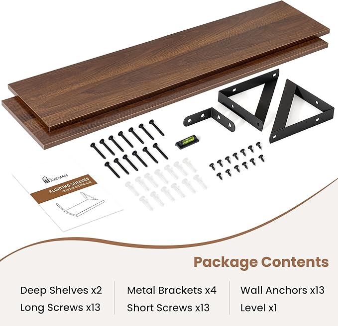 Axeman 32 Inch Floating Shelves | 8 Inch Deep Walnut Wall Shelves Set of 2 | 31.5W x 8D Rustic Wood Shelves for Bookshelf Liv