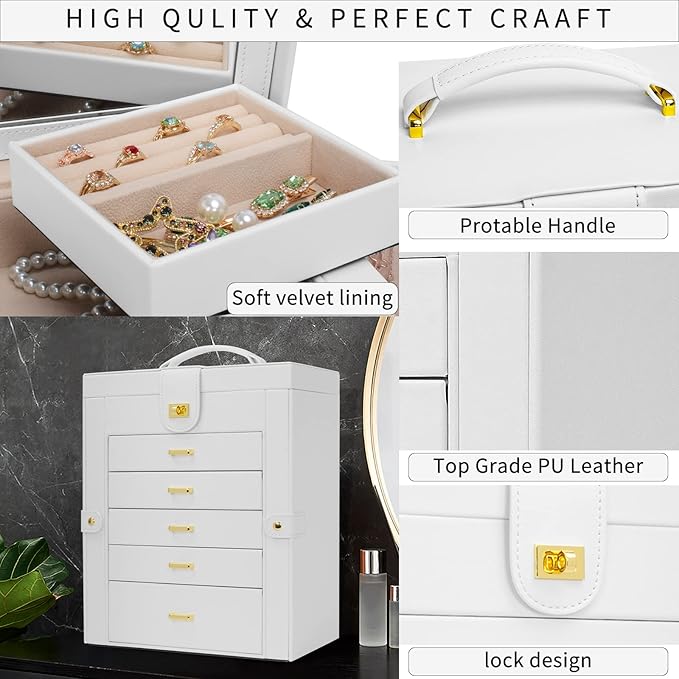 AKOZLIN Functional 6-Tier Jewelry Box Organizer with 5 Drawers Leather Jewelry Storage Case for Women Girls Ring Necklace Ear