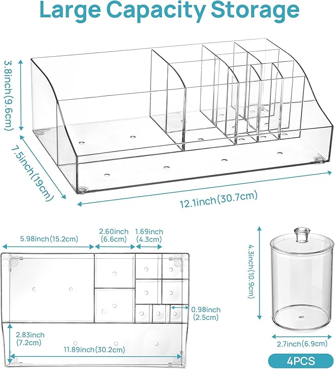 Vtopmart 5 PCS Bathroom Countertop Organizer, 1 Divided Tray with 4 Qtip Holder Jars, Restroom Clear Organizers for Toothbrus