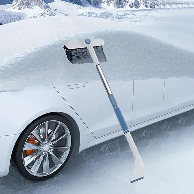 3 In 1 Snow Brush and Ice Scraper for Car Windshield Extendable Snow Removal 360° Pivoting Vehicle Winter Shovel Brush Snow Scraper with Long Handle for Car SUV Trucks (White)