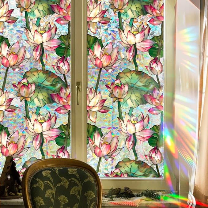 JOONOR Retro Lotus Flowers Window Privacy Film,Stained Glass Decals Colorful Floral Privacy Rainbow Decals Living Room Sun Blocking Decor Removable Static Cling Stickers,16.93 x 39.37 Inch