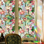 JOONOR Retro Lotus Flowers Window Privacy Film,Stained Glass Decals Colorful Floral Privacy Rainbow Decals Living Room Sun Blocking Decor Removable Static Cling Stickers,16.93 x 39.37 Inch