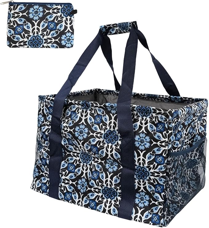 Extra Large Utility Tote Bag - Oversized Collapsible Tote with Wire Frame, Durable Reusable for Beach, Groceries, Laundry, Car Trunk, Storage and Travel - Includes 5x7 Bag with Hook - Blue Snowflake