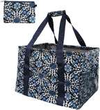Extra Large Utility Tote Bag - Oversized Collapsible Tote with Wire Frame, Durable Reusable for Beach, Groceries, Laundry, Car Trunk, Storage and Travel - Includes 5x7 Bag with Hook - Blue Snowflake