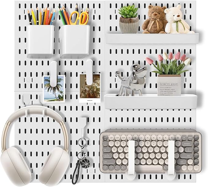 Pegboard Wall Organizer Set – 4 Peg Boards with Hooks & Shelves – Office, Kitchen, Gaming Room Desk Pegboard Storage – Peg Bo