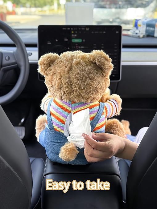 Cute Car Trash Can with Tissue Holder Teddy Bear Tissue Box Console Stuffed Animal Organizer Plush Doll Multifunctional Creative Accessories for Women Rainbow Bear