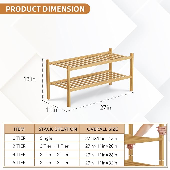 2 Tier Bamboo Shoe Rack Storage Organizer for Closet, Multifunctional Stackable Free Standing Shoe Shelf Organizer for Small 