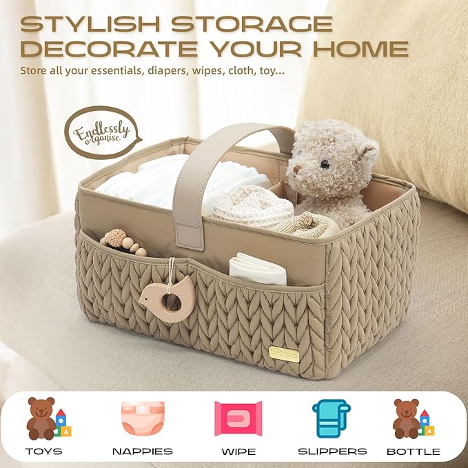 Luxurious Baby Diaper Caddy, Nursery Storage Basket for Newborn Essentials, Travel Baby Basket for Diapers Baby Wipes, Organi