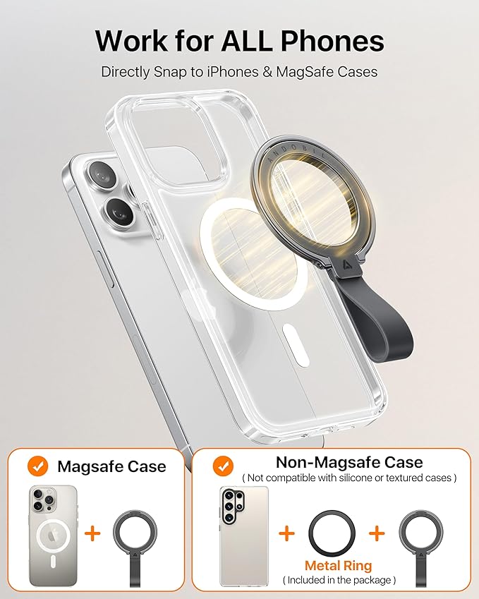 andobil [2026 Unrivaled Stability] Magnetic Phone Grip Holder for MagSafe Ring Stand Holder Kickstand Compatible with MagSafe Accessories for iPhone 17 Air 16 Pro Max Plus 15/14/13/12&Android, Grey