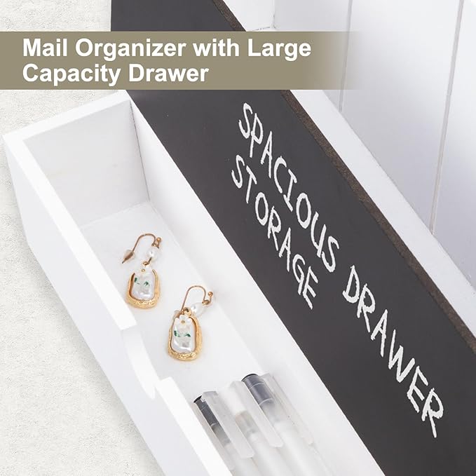Mail and Key Holder Wall Mount with Storage Drawer – Modern Wooden Mail Organizer for Wall Entryway, 7 Key Hooks & Chalkboard