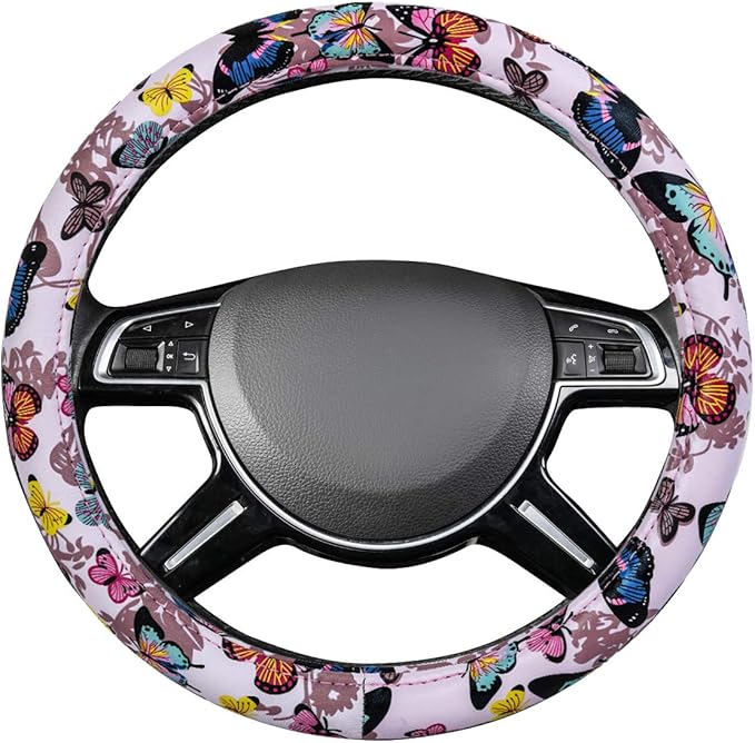Outlet Pretty Colorful Butterfly Steering Wheel Cover, Universal 14.5-15 Inch Anti-Slip Leather Car Wheel Protector for Women
