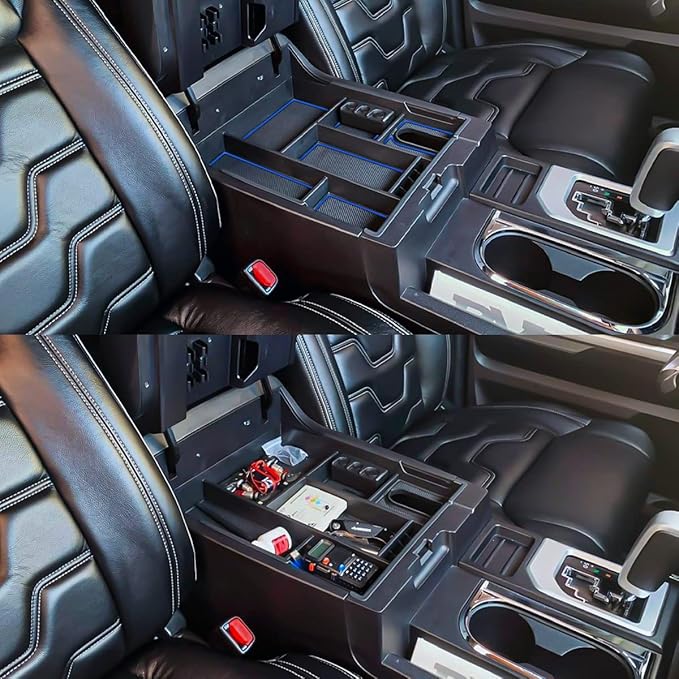 EDBETOS Center Console Tray Organizer Compatible with Toyota Tundra 2014 2015 2016 2017 2018 2019 2020 2021 Accessories, Armrest Secondary Storage Box (Blue Trim)