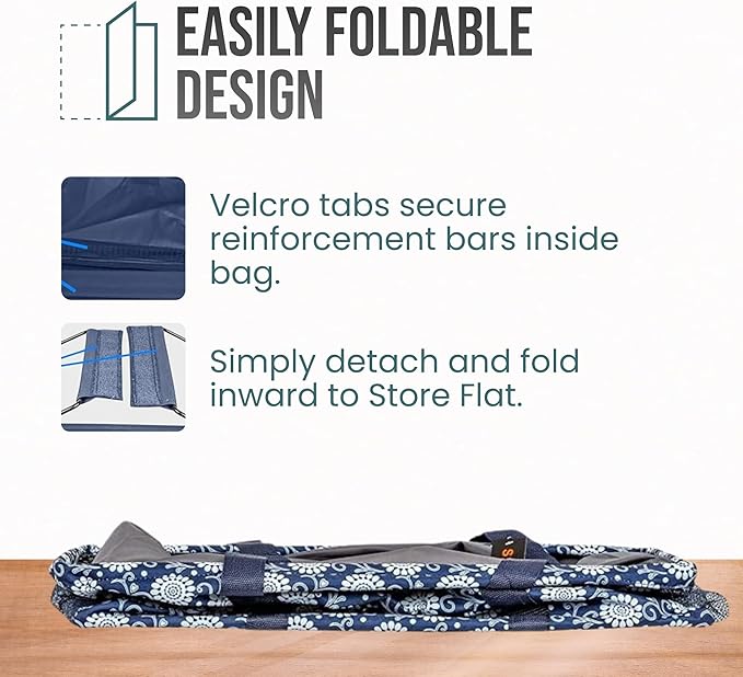 Extra Large Utility Tote Bag - Oversized Collapsible Reusable Wire Frame Rectangular Canvas Basket With Two Exterior Pockets For Beach, Pool, Laundry, Car Trunk, Storage - Navy Sunflower