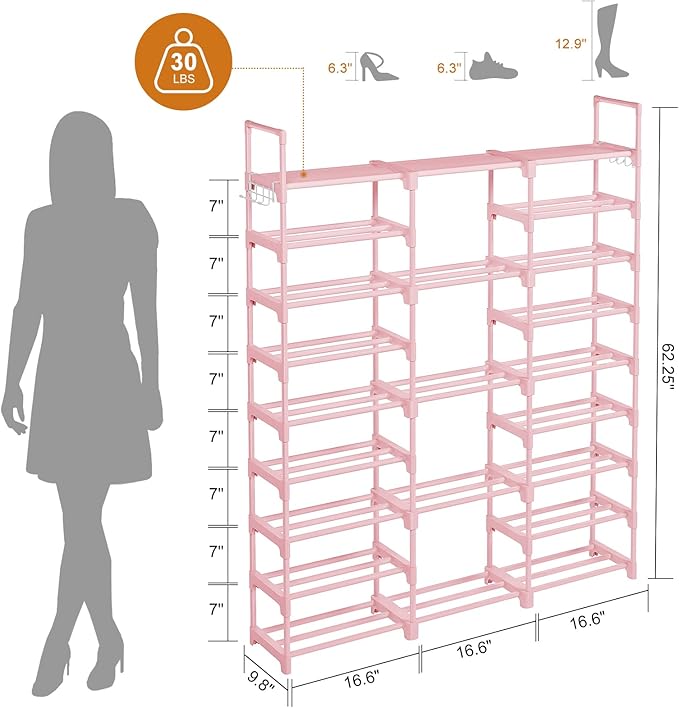 WOWLIVE 9 Tiers Shoe Rack Shoe Storage Shoe Organizer 50-55 Pairs Shoe Tower Unit Shelf Durable Metal Pipes with Plastic Conn