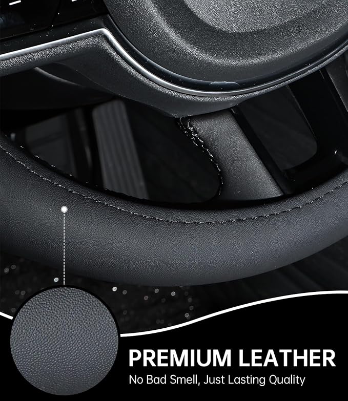 XCBYT Steering Wheel Cover - Black Leather Steering Wheel Wrap Great Grip with 3D Honeycomb Quick and Effortless Installation