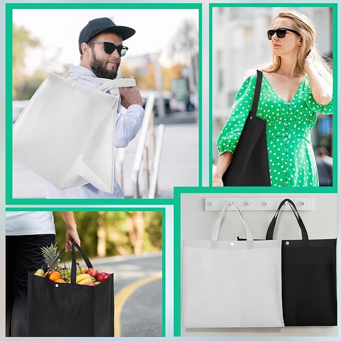 Boao 48 Pack Reusable Grocery Bags 13''L x 9.4''W x 15''H Large Foldable Shopping Tote Bag Non Woven with Handle and Button