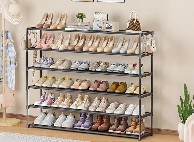 LUKYTOWER Extra Long Shoe Rack 6 Tier 39Pairs, Shoe Storage Organizer with 2 Hooks, Wide Stackable Shoe Organizer Racks for C