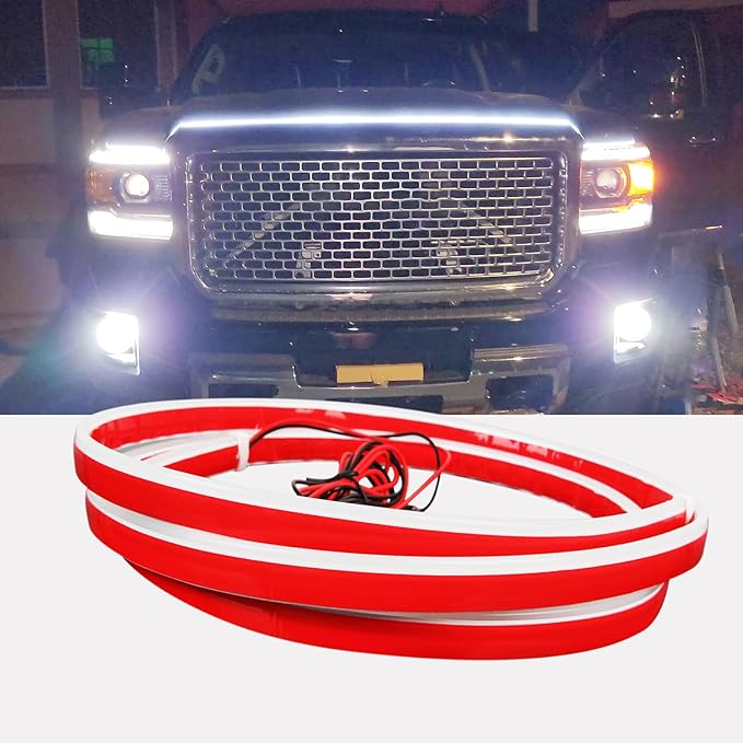 Car Hood Light Strip Exterior, 94.5 Inch DRL LED Strip Lights Waterproof IP68 Scan Start-up + White Light,Compatible with GMC Sierra 1500 2500 Chevy Silverado 1500 2500 Dodge Ram 1500
