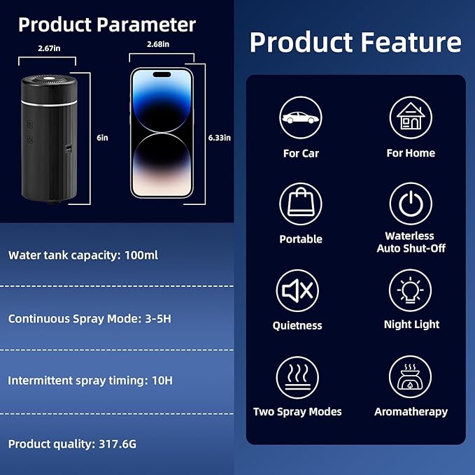 100ML Car Diffuser, USB Rechargeable Battery Operated, Powered Cordless Essential Oil Humidifier, 7 LED Color Lights 2 Timer 