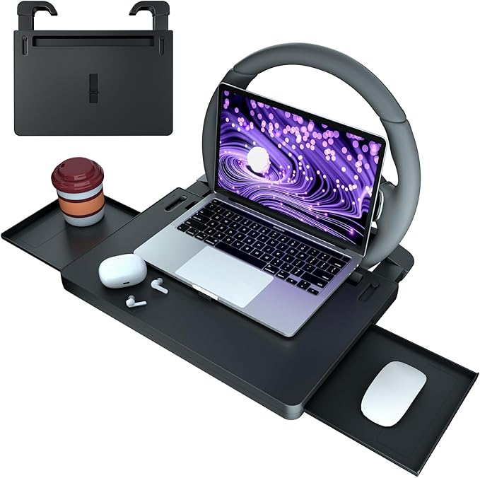 Extendable Steering Wheel Tray Desk for Laptop & Tablet, Adjustable Car Dining Table with Locking Clip Support, Portable Wheel Desk for Eating, Working, Travel