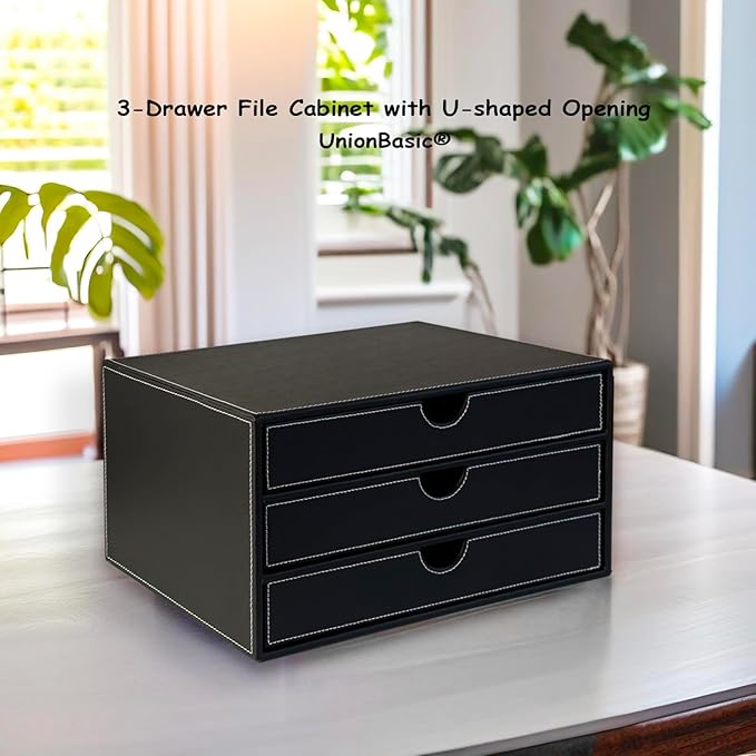 UnionBasic Document Organizer, 3-Drawer File Cabinet Document Storage Box, Office Desktop Filing Organizer, Black with White 