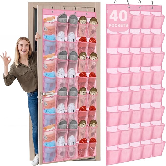 Windyun 40 Over the Door Shoe Organizer Large Breathable Mesh Pockets Pink Hanging Shoe Rack for Closet Behind Door Hanger St