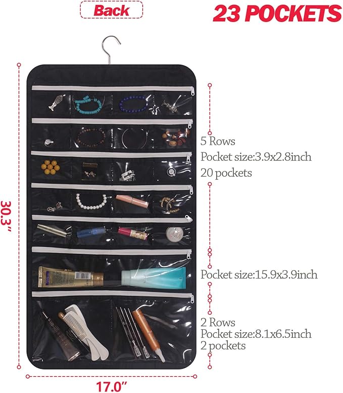 DIOMMELL Hanging Jewelry Organizer 47 Pockets with Zipper for Earrings Necklace Bracelet Ring Accessory Display Storage Bag T