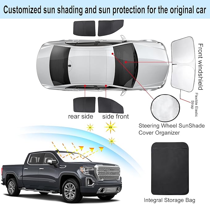 TINGLU Window Shades for GMC Sierra 1500 2500 3500 (SLT, AT4, Denali) 2019-2025 2026 5PCS Accessories Side Windows Cover Camping Windshield Sun Shade Sun UV Rays Privacy Protection