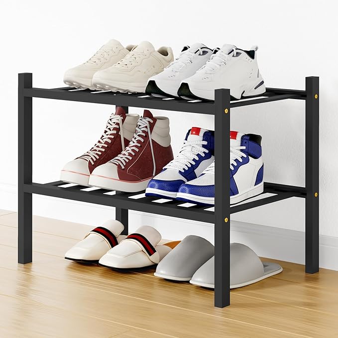 Smiry Shoe Rack, 2 Tier Small Bamboo Shoe Organizer, Stackable Free Standing Wooden Shoe Storage Shelf for Closet, Entryway, 