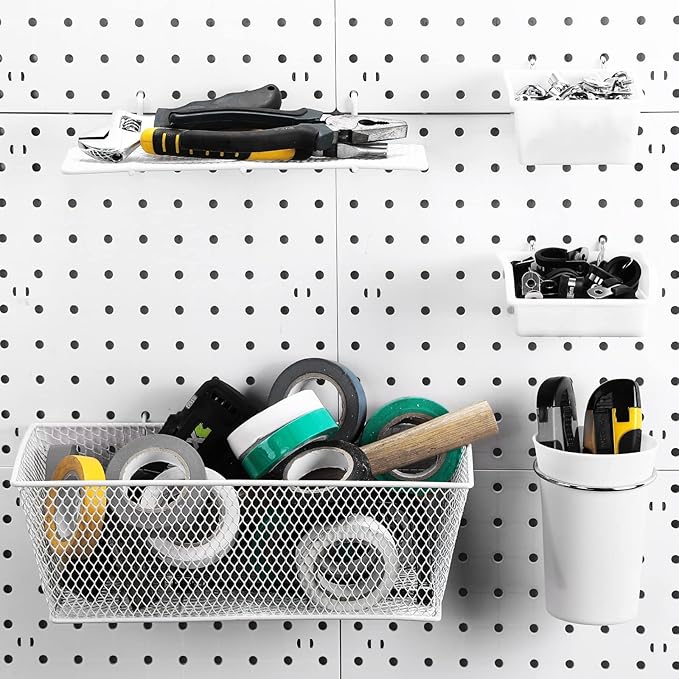Sieral 30 Pcs Pegboard Organizer Accessories Kit Includes Peg Board Shelving Storage Basket Organizer Bins Hooks Loops Cup wi