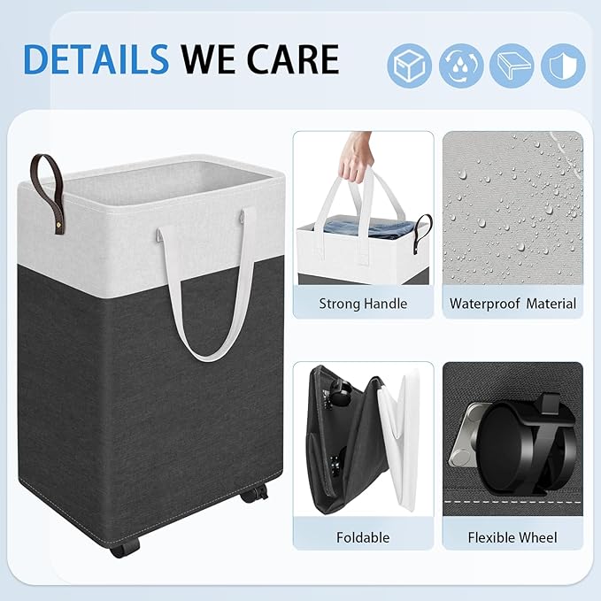 HomeHacks Laundry Basket with Wheels, Rolling Laundry Hamper, Collapsible & Waterproof Clothes Hamper, Narrow Corner Bins wit