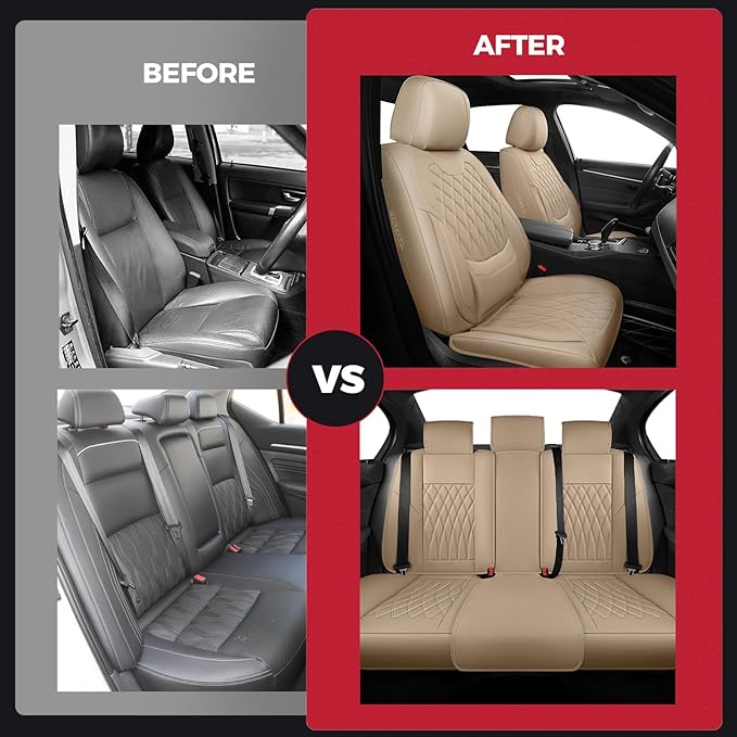 FREESOO Beige Car Seat Cover Full Set - Faux Nappa Leather Seat Covers for Cars, Ultra Breathable Waterproof Front Seats Cush
