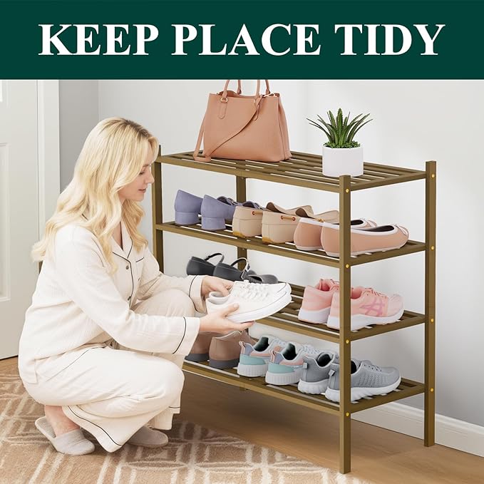 Smiry Bamboo Shoe Rack 4-Tier, Stackable Wooden Shoe Organizer for Entryway & Closet, Free Standing Wood Shoe Storage Shelf f