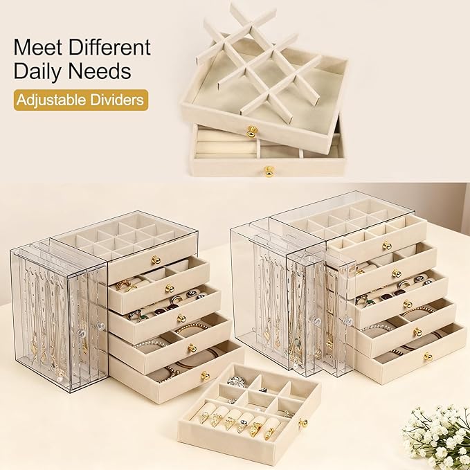 Greenfeather Jewelry Organizer with 7 Removable Drawers, Clear Acrylic Jewelry Box with 16 Necklace Hooks, 48 Pairs of Earrin
