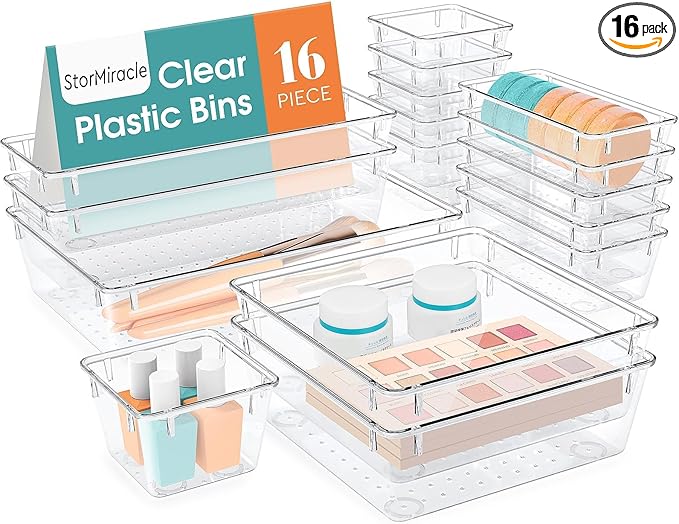 StorMiracle 16 PCS Drawer Organizer Set, 5 Varied Size Bathroom and kitchen Drawer cabinet organizer Trays, Clear Storage Bin